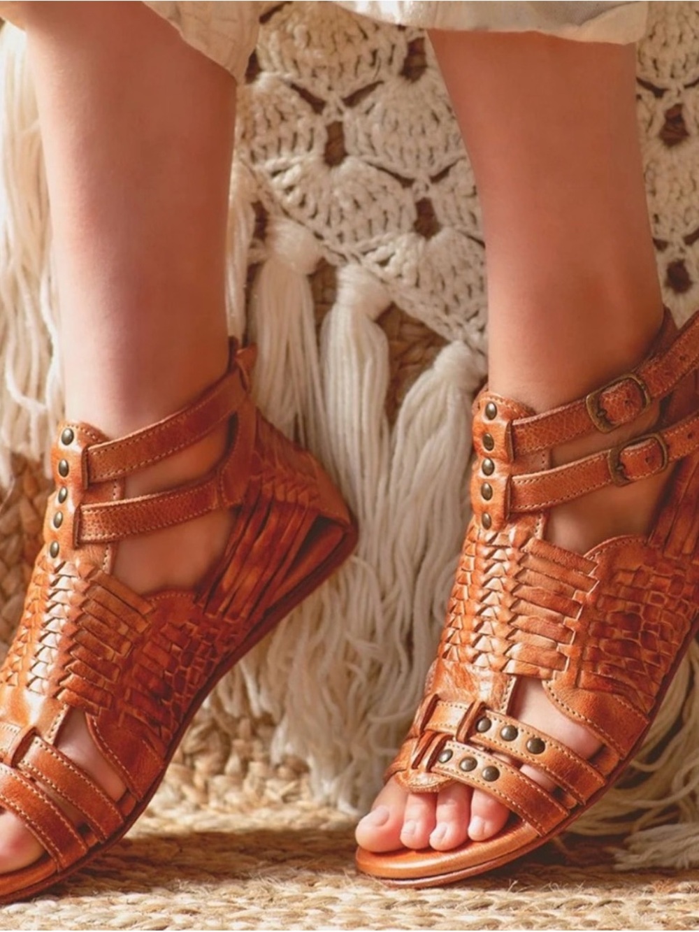 BED STU Claire Women's Tan Woven Leather Fisherman Gladiator Sandals 9.5